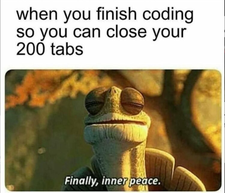 When you finish coding so you can close your 200 tabs. Finally, inner peace. #codinglife #devstruggles.