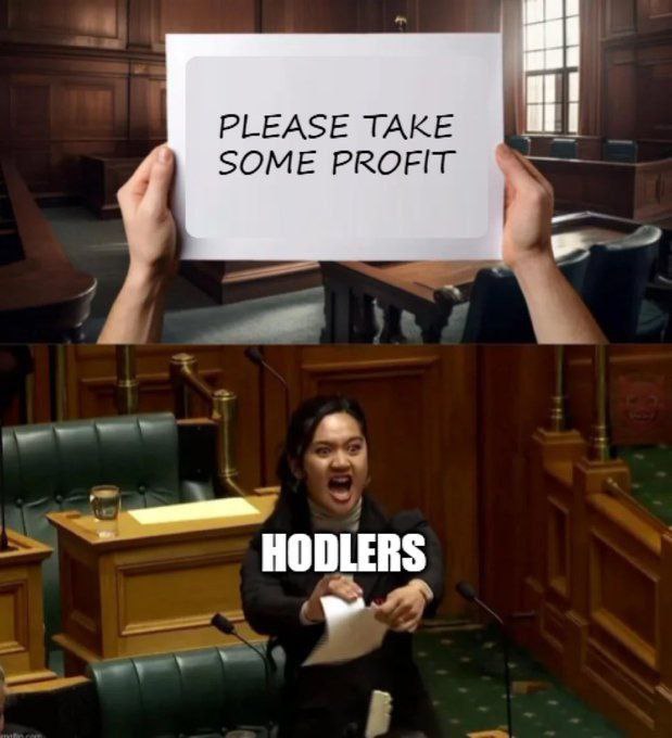 First panel: “PLEASE TAKE SOME PROFIT.” Second: Someone yelling “HODLERS!” in court. Who else refusing to sell? 😂 #crypto #memes.
