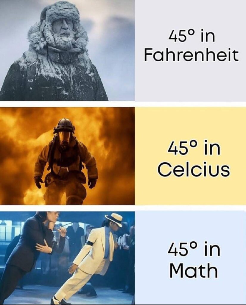 You at 45° Fahrenheit: burr; at 45° Celsius: flaming; in math class: just vibing at a 45° angle. #MathLife #TempCheck.