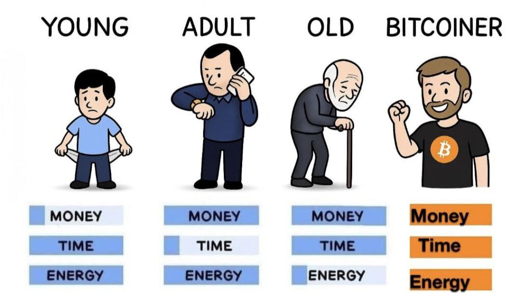 Young: Energy & Time ✔️ Adult: Time & Money ✔️ Old: Money & Energy ✔️ Bitcoiner: All 3? Orange pill win! #Bitcoin #Upgrade.