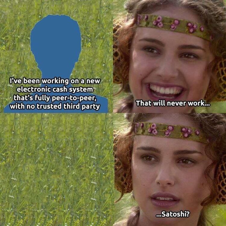 You’ve been grinding on a new peer-to-peer cash system, no middleman. She says “that’ll never work… Satoshi?” #crypto #bitcoin.