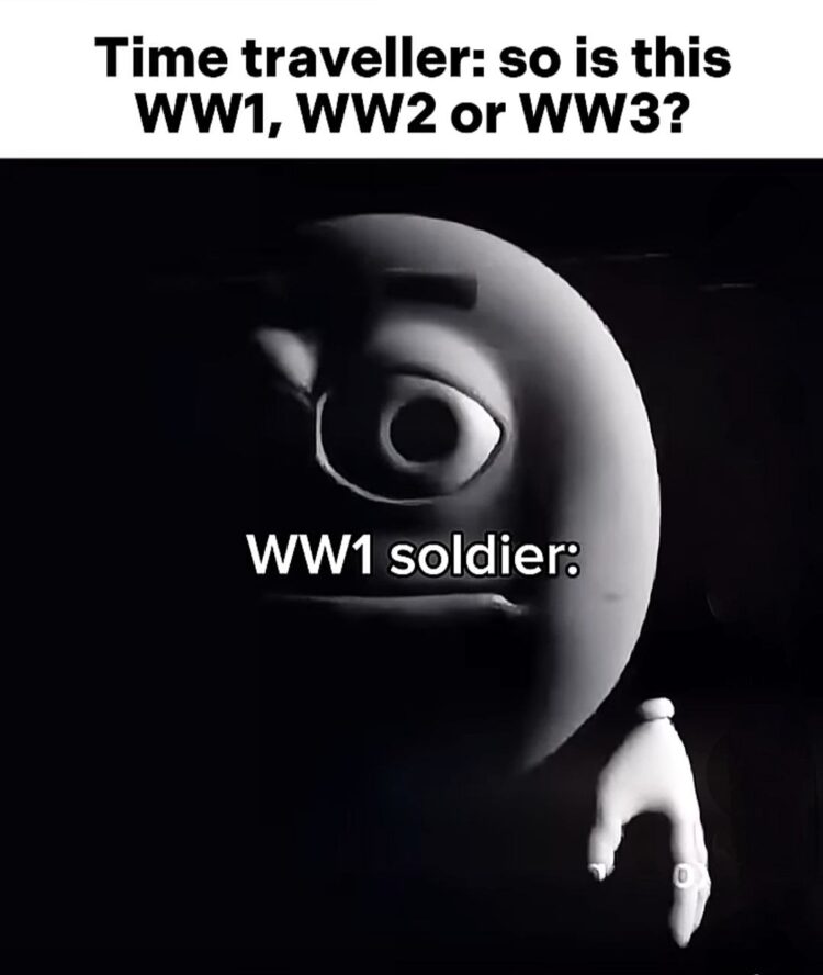 “Time traveller: so is this WW1, WW2 or WW3? WW1 soldier:” That emoji’s face is literally all of us 😂 #history #memes.