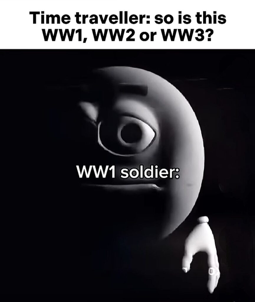 “Time traveller: so is this WW1, WW2 or WW3? WW1 soldier:” That emoji’s face is literally all of us 😂 #history #memes.