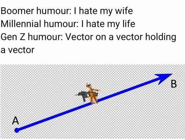When you realize Gen Z humour is just: Vector on a vector holding a vector 💀 "Boomer: I hate my wife; Millennial: I hate my life" #math #genz.