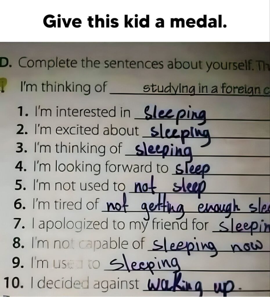 Give this kid a medal"—every prompt answered with "sleep" or "sleeping." Mood: unlocked. 🏅😂 #SleepGoals #Winner #Meme.