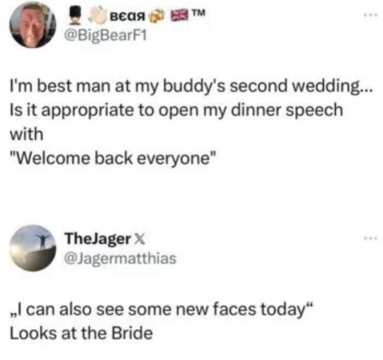 When you’re best man at your buddy’s second wedding: “Welcome back everyone.” “I see some new faces tonight!” 😂 #awkward #wedding.