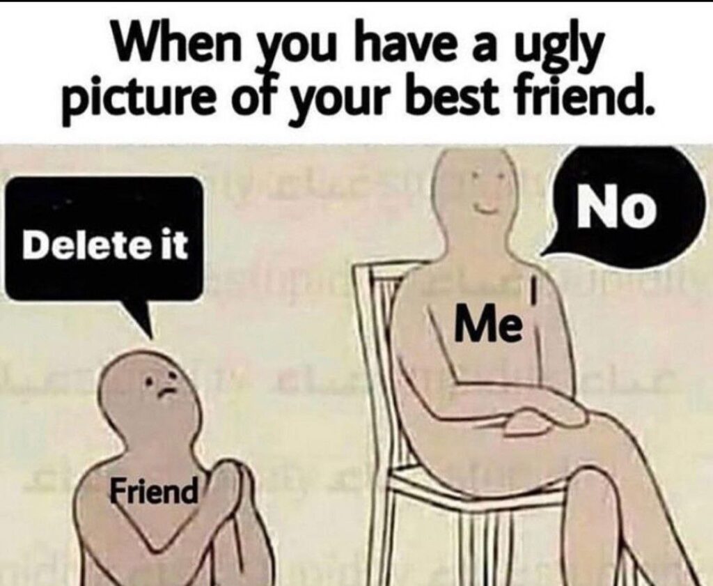 When you have a ugly picture of your best friend: "Delete it" vs "No." Sorry bestie, blackmail rights activated! #friendship #lol.