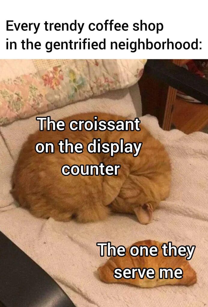 Every trendy coffee shop in the gentrified neighborhood: "The croissant on the display counter" vs "The one they serve me" #truth.