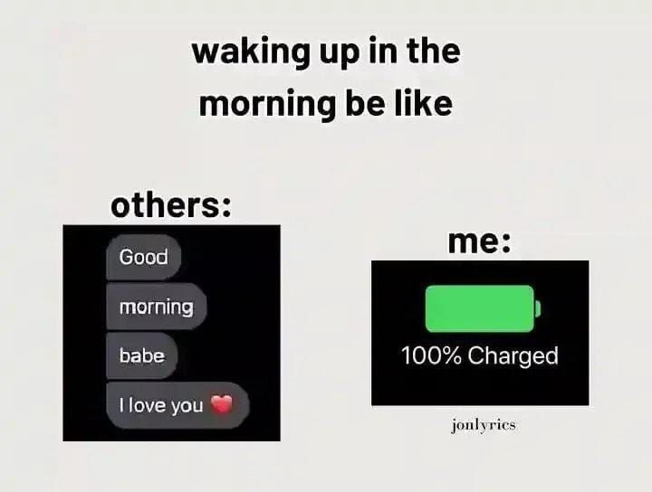 When others: "Good morning babe, I love you ❤️" 🥰 When you: Phone at 100% charged and still can't get up 😂 #mornings #sleep.