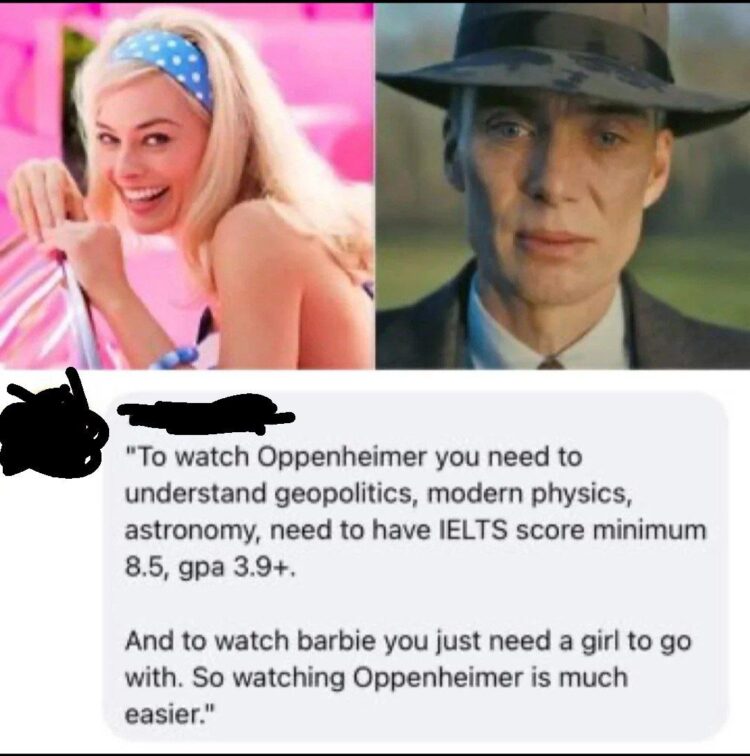 If you wanna watch Oppenheimer: PhD required. Barbie? Just need a girl to go with. 😂 #MovieNight #Barbenheimer.