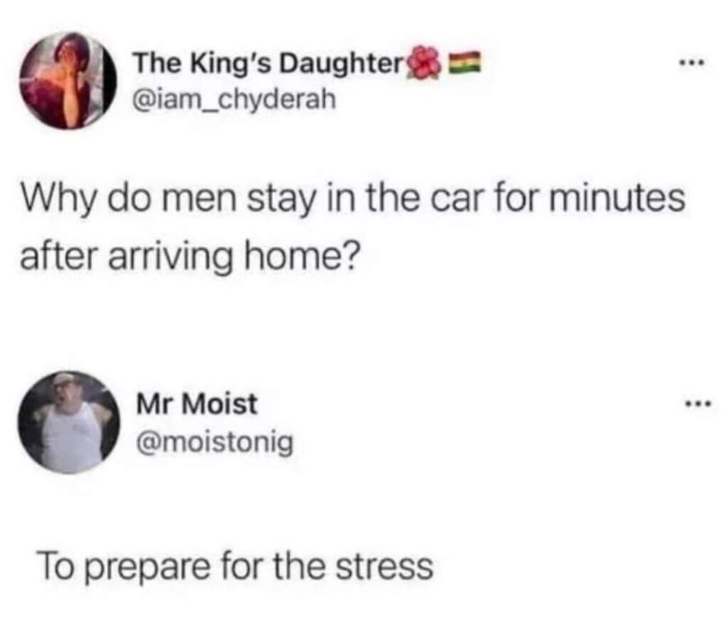 You ever wonder why men stay in the car after getting home? “To prepare for the stress.” LOL, who else does this? #Truth #Adulting.