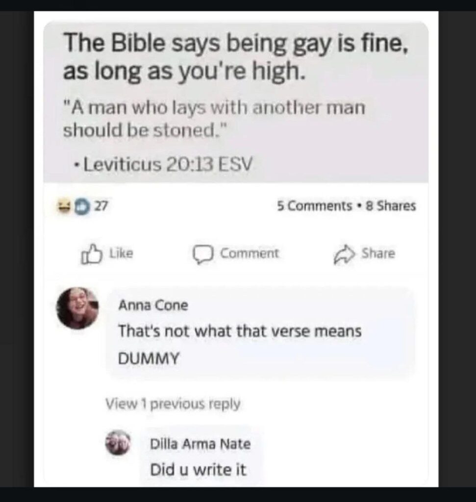 When you quote The Bible: 'Being gay and high is chill' Leviticus 4:20. Somebody: That’s not a verse. Me: Did u write it? #savage #memes.