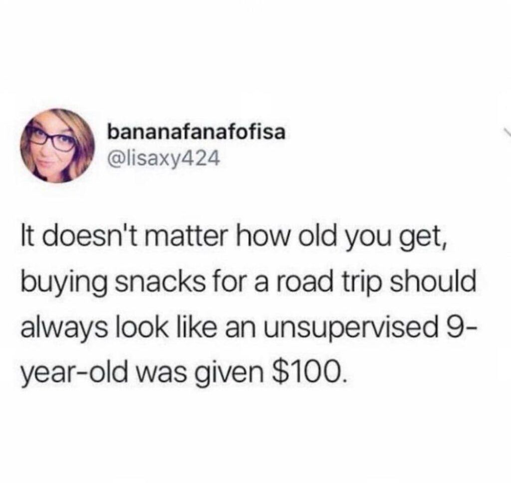 You know you're still a kid inside when your road trip snacks look like a 9-year-old went wild with $100. #Truth #Snacks.