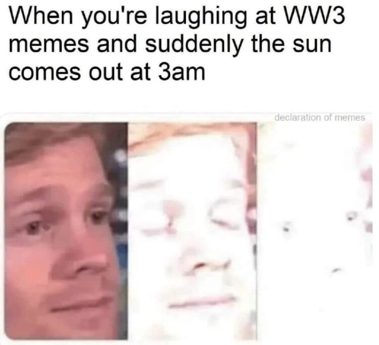 When you're laughing at WW3 memes and suddenly the sun comes out at 3am. We've all been there 😂 #WW3 #Memes #TooBright.