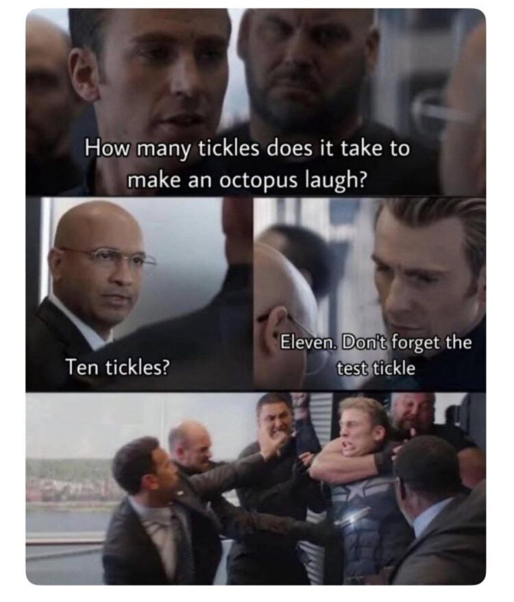 How many tickles does it take to make an octopus laugh? Ten tickles? Nope—eleven. Don’t forget the test tickle. #dadjokes #octopus.