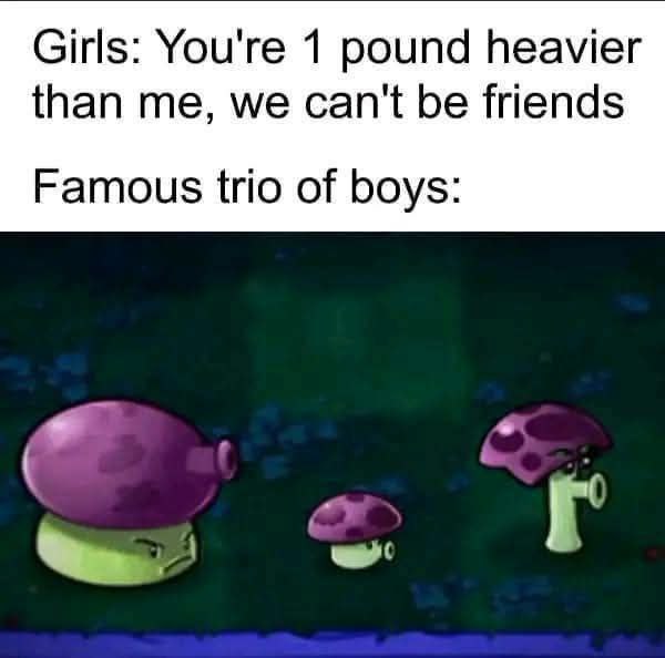 Girls: You're 1 pound heavier than me, we can't be friends. Famous trio of boys:" Mood when weight is just a number. #boyslogic.