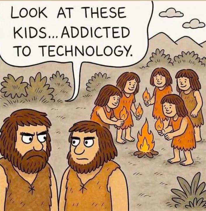 Look at these kids...addicted to technology." Caveman parents everywhere. Fire = screen time? 🔥 #parenting #throwback #technology.