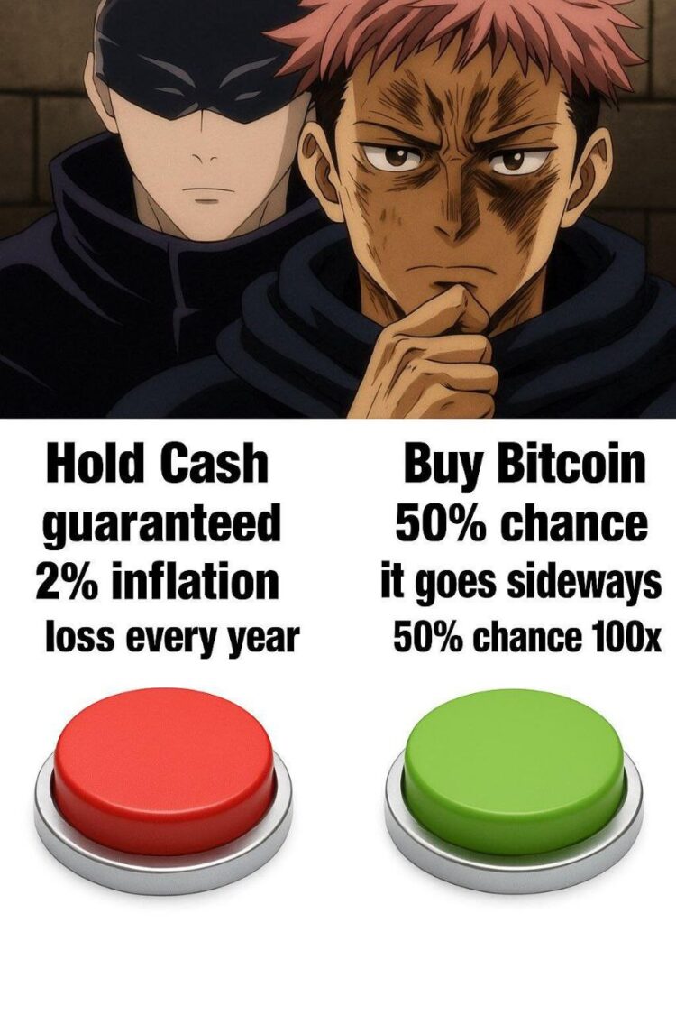 You when it’s cash vs Bitcoin: Hold Cash guaranteed 2% inflation loss every year, or Buy Bitcoin 50% sideways/50% 100x. #crypto #choices.