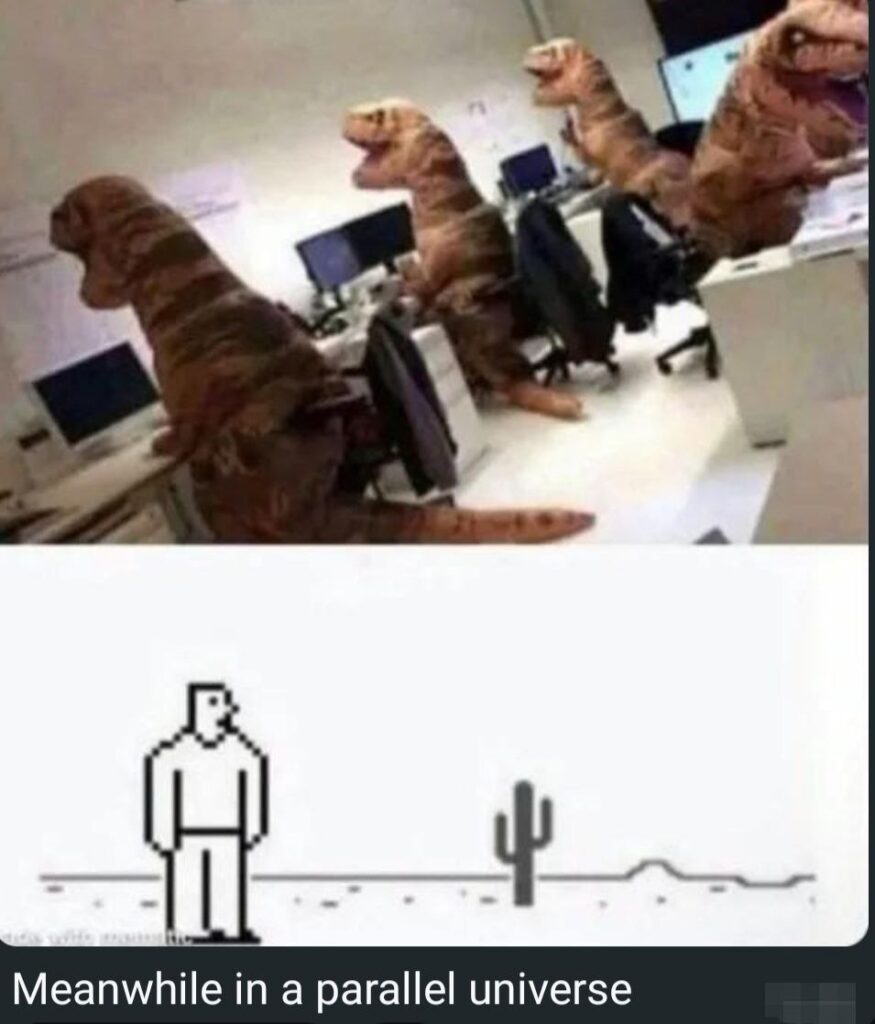 When the boss says "let’s circle back after the meteor," and you realize meetings never go extinct. #Monday #office #dinosaur.