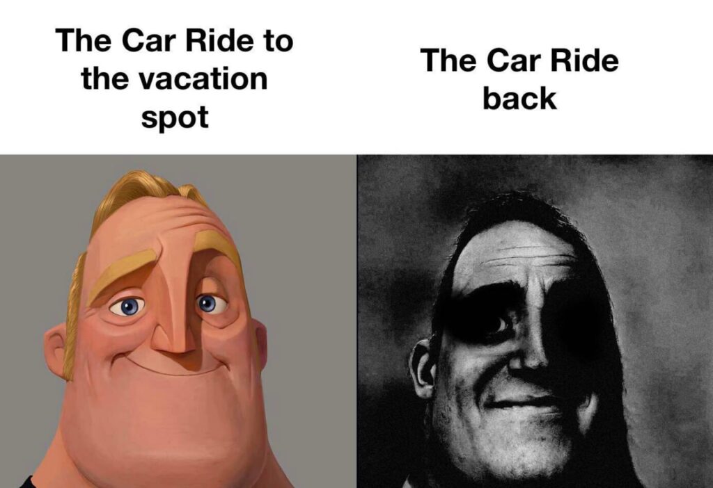 The Car Ride to the vacation spot vs The Car Ride back. Vacation hits different when you remember real life’s waiting! #mood #vacation.