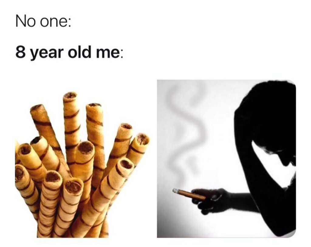 You know you did this too 😂 No one: 8 year old me: *pretends wafer rolls are cigarettes* #relatable #childhood #memes.