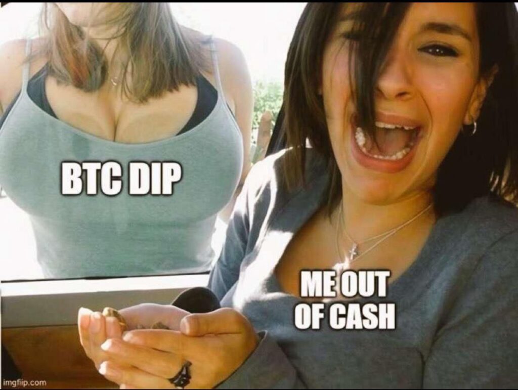 When the BTC dip finally hits but your wallet's on empty 😂 "Me out of cash" starring at that "BTC dip" #crypto #FOMO.