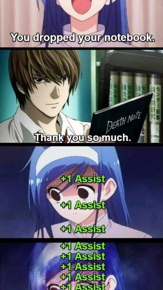 You dropped your notebook." "Thank you so much." +1 Assist x1000. When your helpfulness unlocks secret achievements. #anime #DeathNote.