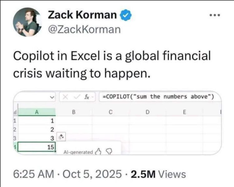 When you trust Copilot in Excel: "Copilot in Excel is a global financial crisis waiting to happen." #fail #AI #Excel.