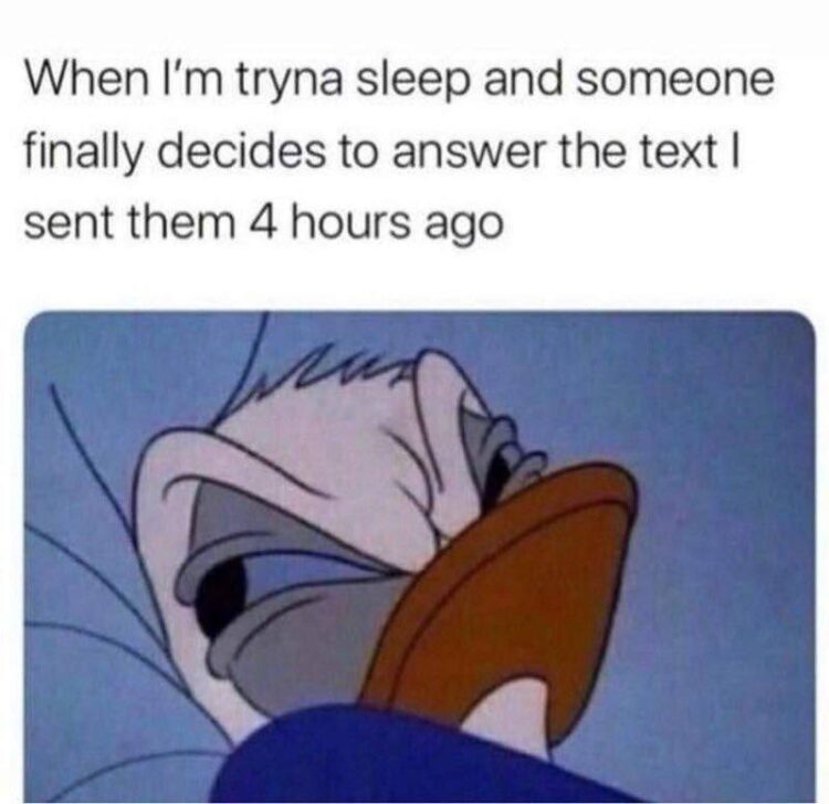 When you’re tryna sleep and someone finally replies to that text you sent 4 hours ago. Classic mood. #sleepy #waiting #meme.