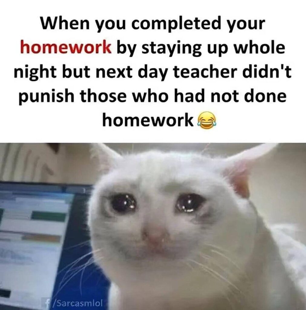 When you completed your homework by staying up whole night but next day teacher didn't punish those who had not done homework #pain.