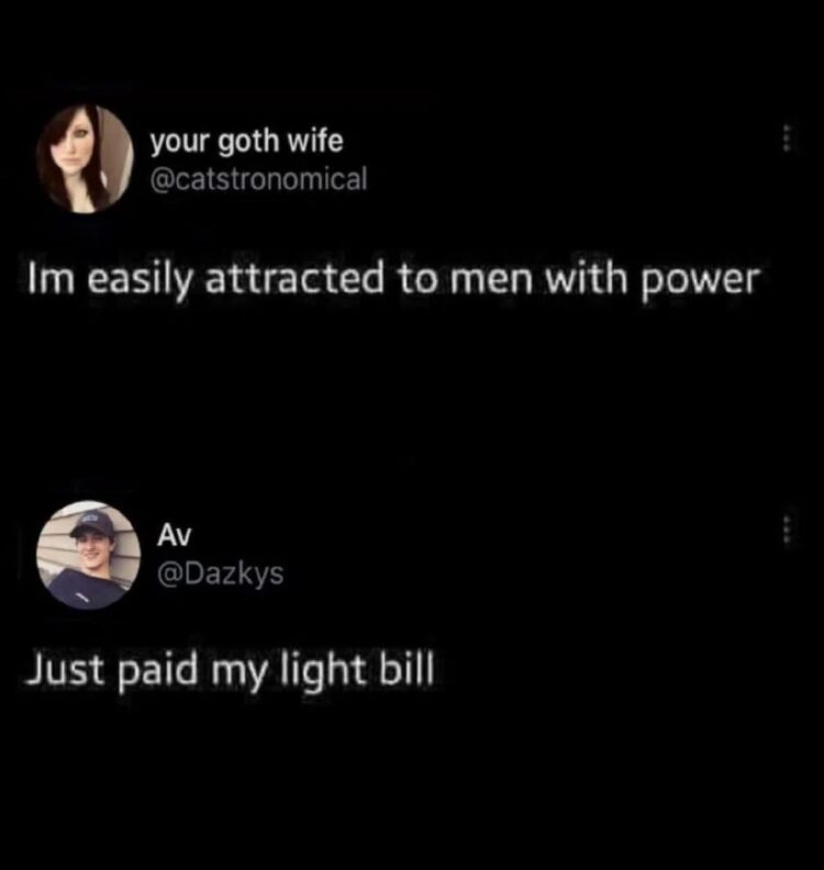 I'm easily attracted to men with power." Bro: "Just paid my light bill." 😂 #powerful #adulting.