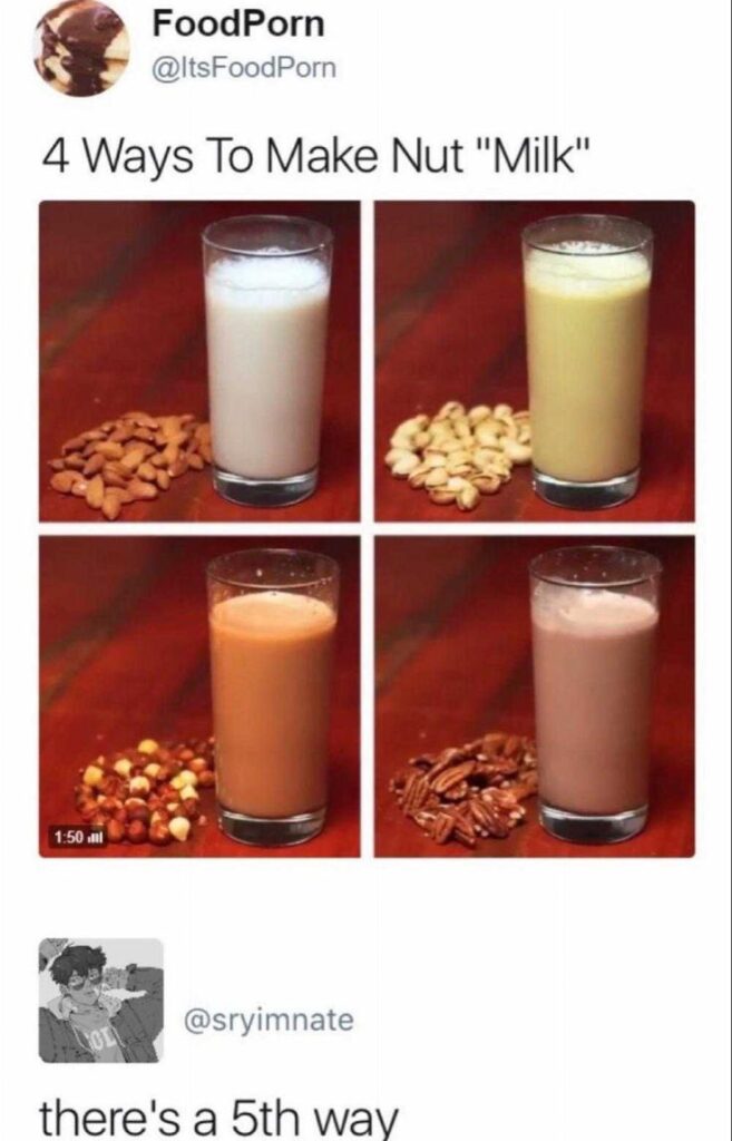 You think you’ve tried all the nut milks—almond, cashew, walnut, pecan. But wait… “there’s a 5th way.” #mindblown #nutmilk.