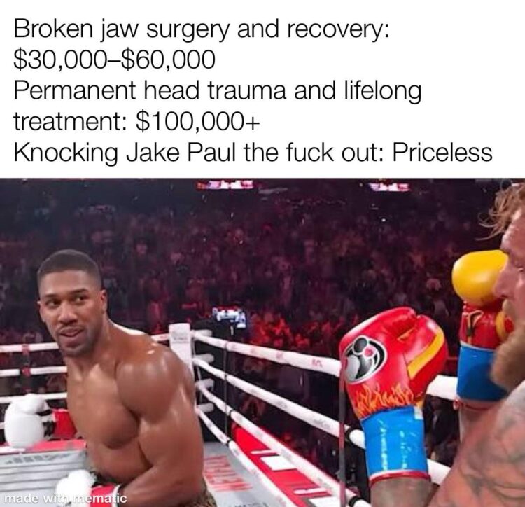 Medical bills: $$$. Training: $$$. Gloves: $$. Knocking Jake Paul the fuck out: Priceless. #boxing #savage #priceless.