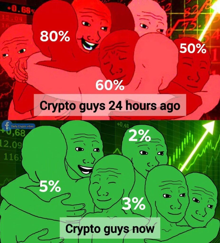 Crypto guys 24 hours ago: sweating at 80%, 60%, 50%. Crypto guys now: chilling at 5%, 2%, 3%. #crypto #meme #hodl.