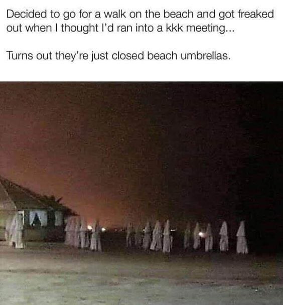 That moment you mistake a bunch of beach umbrellas for a KKK rally in the fog 😂 Beach paranoia level: expert #WTF #mistakes.
