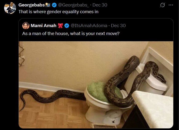 As a man of the house, what is your next move? That is where gender equality comes in. 😂🐍 #equality #Nope #toilet.