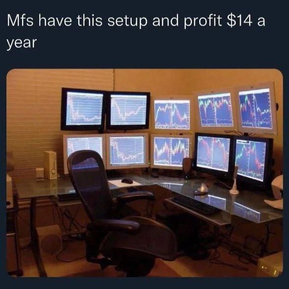 Mfs have this setup and profit $14 a year. 😂 Admit it, you’d still flex it. #trading #hustle #meme.