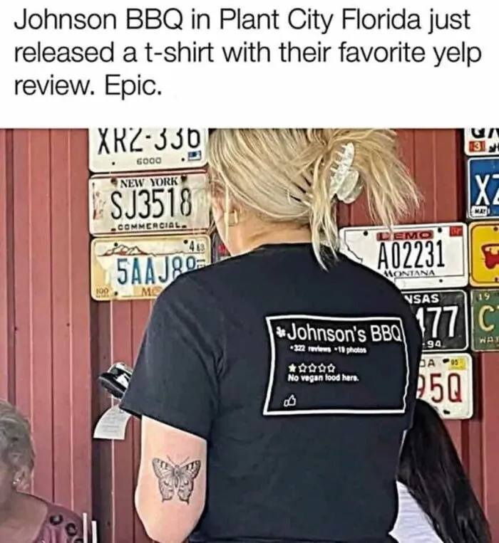 When you show up to Johnson's BBQ and the Yelp review already warned you: "3 stars, 'No vegan food here.'" #BBQLife #Savage.