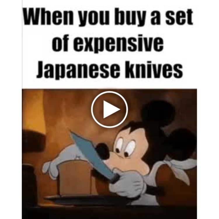 When you buy a set of expensive Japanese knives and suddenly feel like a pro chef. Cartoon mouse slicing in awe. #relatable #kitchen.