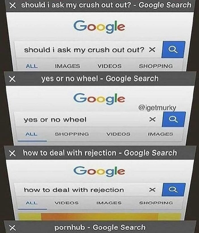 You: "should I ask my crush out?" Also you: "yes or no wheel" 3 mins later: "how to deal with rejection"... and then, well, y'all know. #awkward.