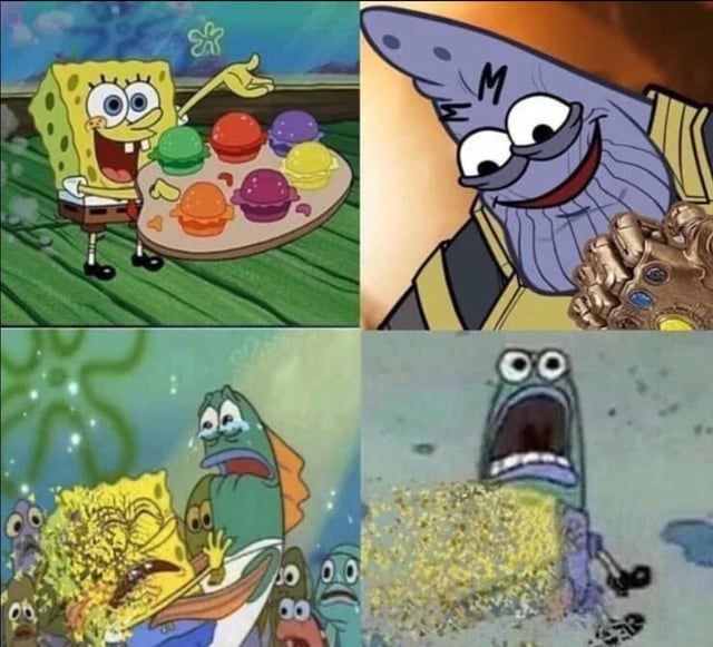 Ever share your Krabby Patties only for them to vanish quicker than the Avengers? Snap. #Thanos #SpongeBob #Dust.