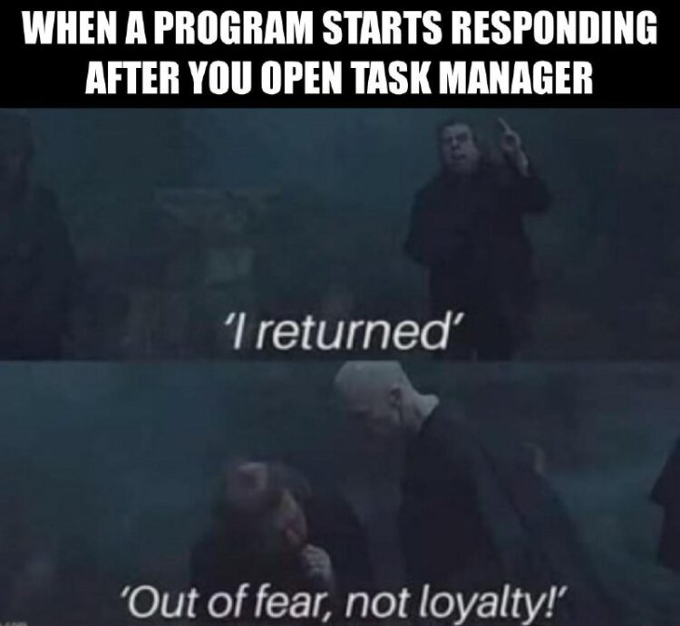 When a program starts responding after you open Task Manager: "I returned." "Out of fear, not loyalty!" #meme #coding #tech.